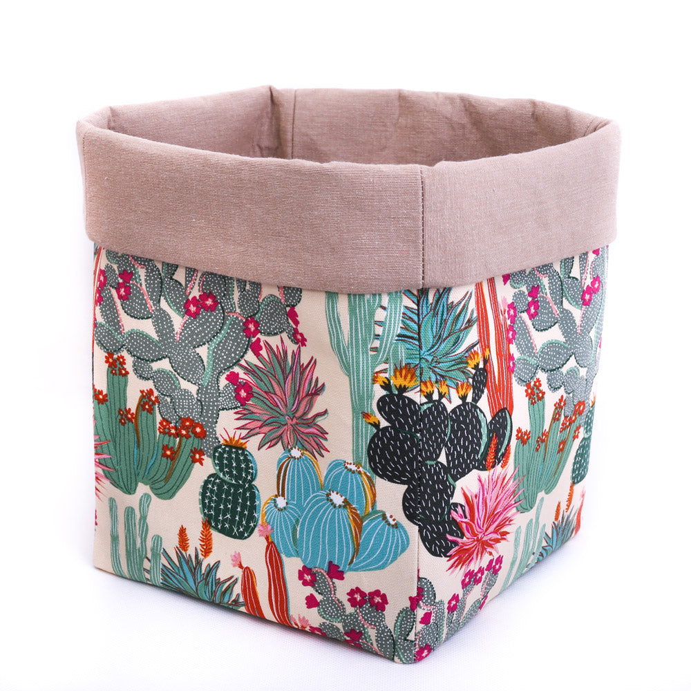 beige fabric storage basket or pot plant cover handmade with cactus print