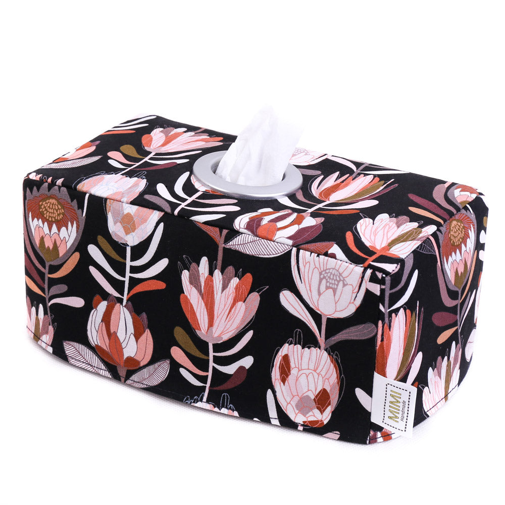 black-and-pink-protea-rectangular-cotton-tissue-box-cover-holder-by-MIMI-Handmade-modern-Australiana-native-flowers-home-decor