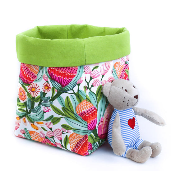 bright green flowering gum fabric toy storage basket, hand made in Australia by MIMI Handmade, Australiana homewares