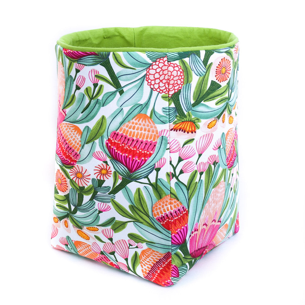 Load image into Gallery viewer, bright green flowering gum reversible storage basket, hand made in Australia by MIMI Handmade, Australiana homewares
