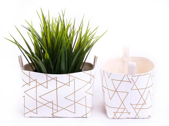 two small white cream and gold triangle fabric storage baskets plant pouch handmade in Australia by MIMI Handmade