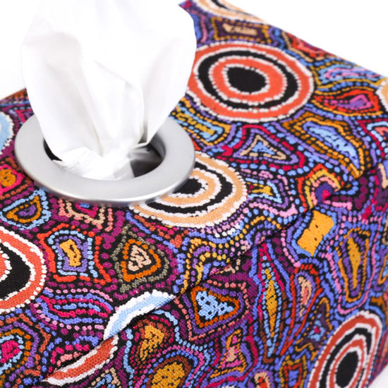 Load image into Gallery viewer, close-up-purple-tissue-box-cover-ring-opening-warlukurlangu-aboriginal-home-decor
