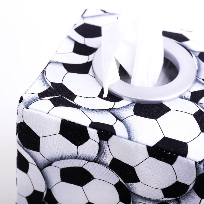detail of black and white football soccer ball square tissue box cover, hand made in Australia by MIMI Handmade Baskets