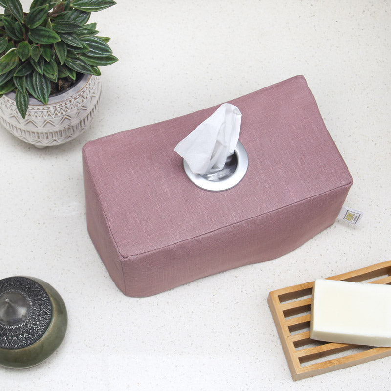 Load image into Gallery viewer, dusty pink linen tissue box cover bathroom flatlay
