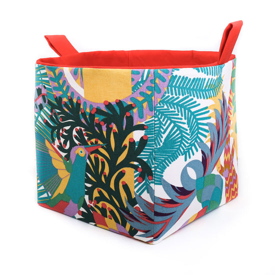 Load image into Gallery viewer, eclectic-cube-storage-basket-with-handles-featuring-tropical-bird-and-foliage-fabric-pattern-with-red-lining-hand-made-by-MIMI-Handmade
