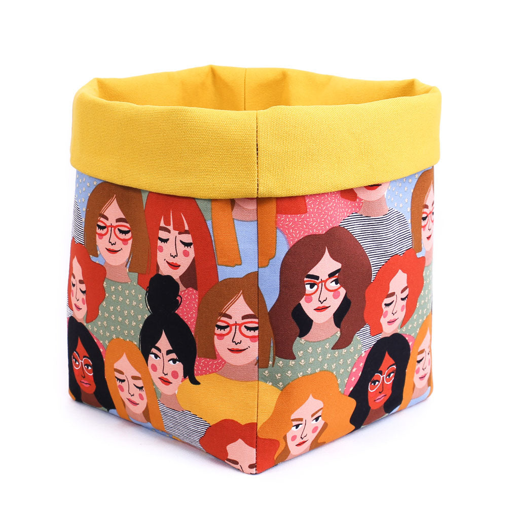 Load image into Gallery viewer, fabric-basket-reversible-for-teenage-girls-women-faces-yellow-mimi-handmade
