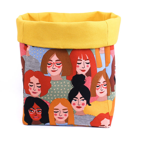 Load image into Gallery viewer, fabric-basket-reversible-women-faces-yellow-top-folded-down-mimi-handmade
