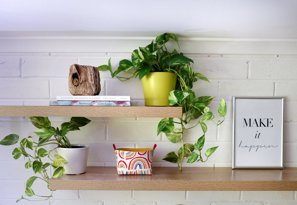 Load image into Gallery viewer, floating-shelves-styled-with-plants-gardening-books-and-a-decorative-rainbow-basket-handmade-by-MIMI-Handmade
