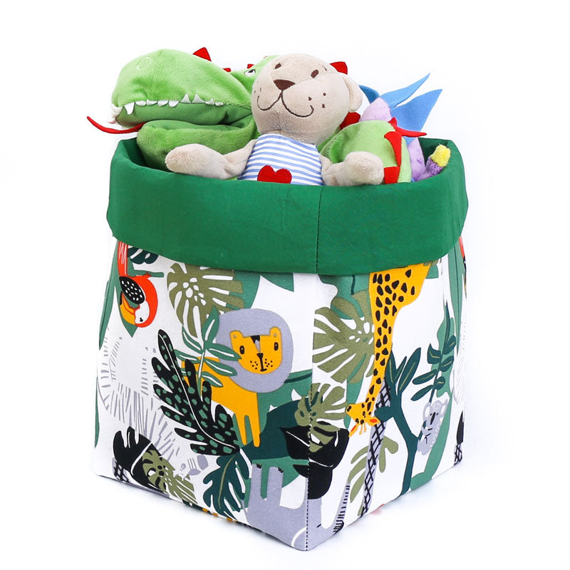 Load image into Gallery viewer, green-safari-toy-storage-basket-cube-filled-with-soft-toys
