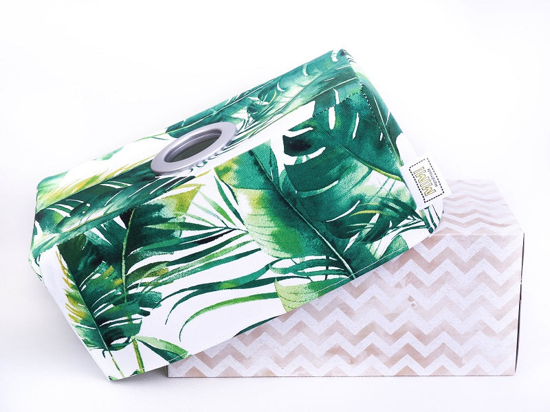 Load image into Gallery viewer, hide-tissues-with-sturdy-and-easy-to-cover-green-monstera-banana-leaves-rectangular-cotton-tissue-box-cover-tropical-homewares-by-MIMI-Handmade
