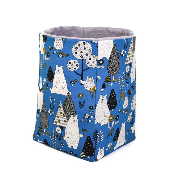 grey-and-navy-blue-woodland-animals-storage-basket-20-cm-cube-featuring-bear-owl-and-tree