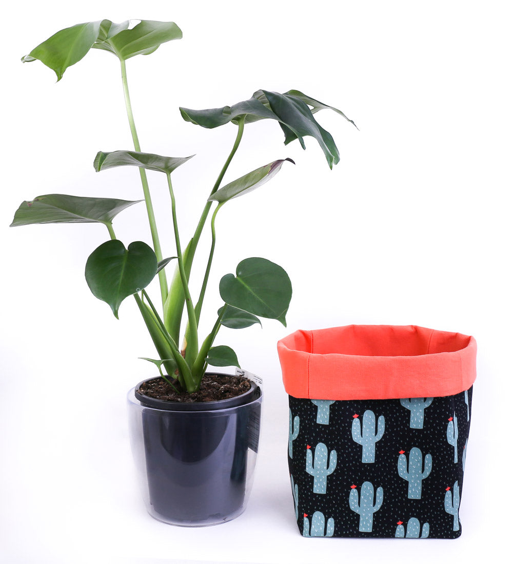 Load image into Gallery viewer, indoor monstera plant next to large cactus fabric planter
