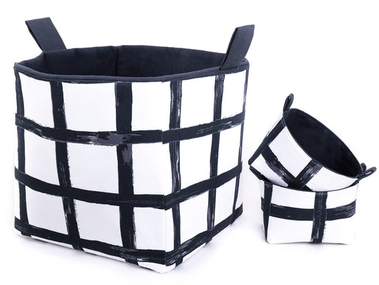 Load image into Gallery viewer, large black &amp;amp; white geometric-cube storage basket for KALLAX shelves next to set of 2 mini organiser for monochrome Nursery, handmade in Australia by MIMI Handmade
