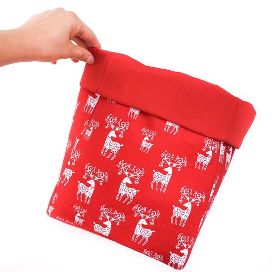 Load image into Gallery viewer, large-square-reversible-red-reed-Christmas-fabric-decorative-basket-bag-by-MIMI-Handmade-Xmas-home-decor
