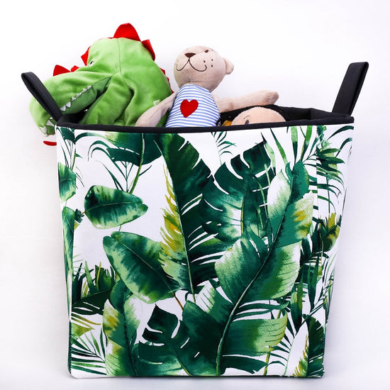 Load image into Gallery viewer, large green monstera and palm leaf toy storage cube basket, hand made in Australia by MIMI Handmade Baskets
