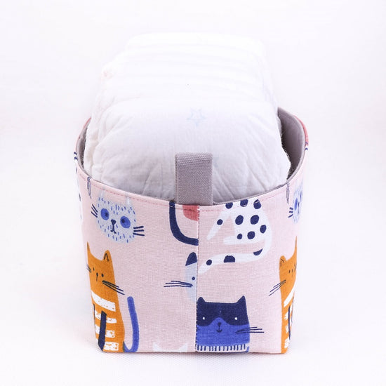 medium pink kawaii cat drawings decorative nappy storage basket, hand made in Australia by MIMI Handmade Baskets