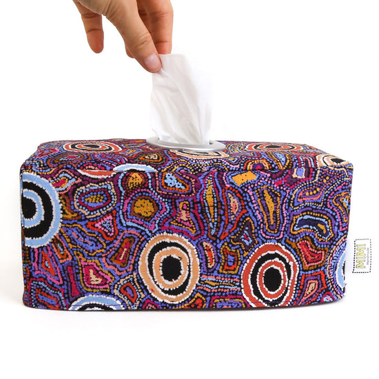 Load image into Gallery viewer,    mimi-handmade-purple-fabric-tissue-box-cover-warlukurlangu-aboriginal-home-decor
