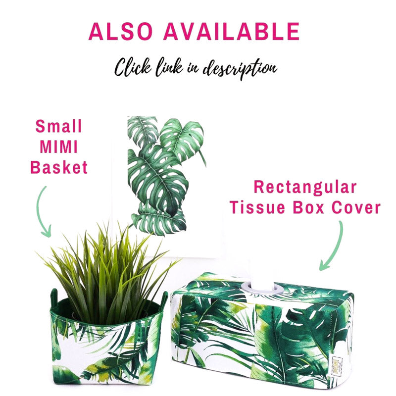 mini-green-monstera-fabric-storage-basket-organiser-next-to-rectangular-monstera-tissue-box-cover-by-MIMI-handmade-Australia-and-monstera-leaf-print