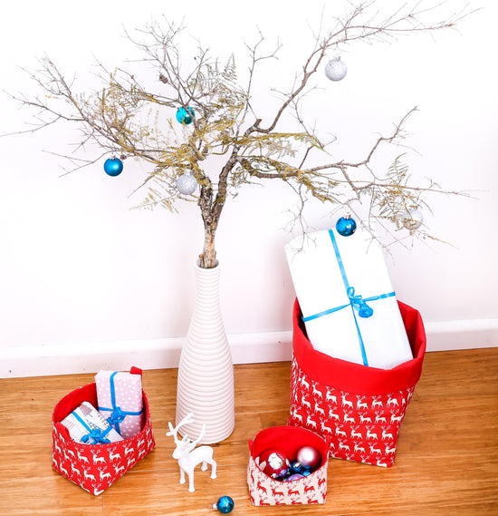 Load image into Gallery viewer, mini and large Christmas decorative festive baskets for gifts under the Xmas tree, designed and hand made in Australia by MIMI Handmade Baskets
