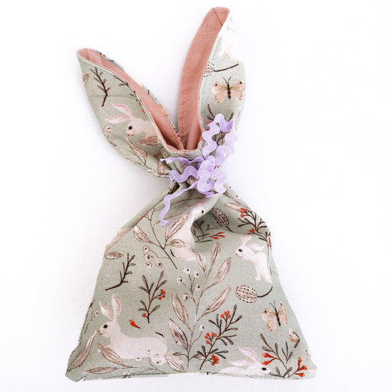 Load image into Gallery viewer, mint-and-pastel-pink-bunny-ear-bag-rabbit-and-butterfly-fabric-print
