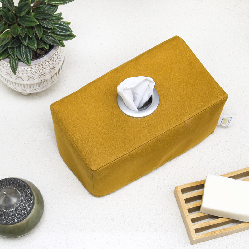 Load image into Gallery viewer, mustard-yellow-linen-tissue-box-cover-flatlay
