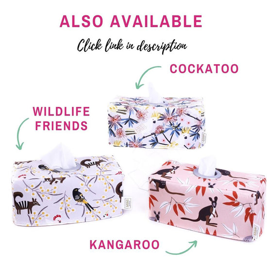 Load image into Gallery viewer, three-sturdy-rectangular-floral-cotton-fabric-tissue-box-covers-handcrafted-in-Australia-by-MIMI-Handmade-featuring-Australian-animals-kangaroos-and-yellow-crested-cockatoo-modern-Australiana-home-decor
