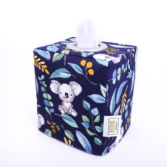 Load image into Gallery viewer, navy-blue-tissue-box-cover-featuring-koalas-for-gum-tree-australiana-nursery
