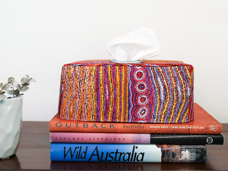 orange-purple-aboriginal-art-print-rectangular-tissue-box-cover-book-stack-display