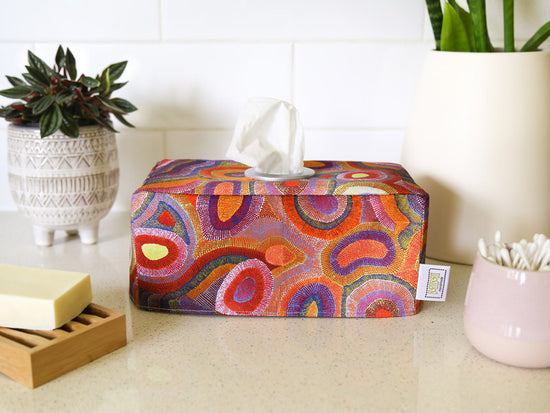Load image into Gallery viewer, orange-purple-circles-indigenous-rectangular-tissue-box-cover-bathroom-decor
