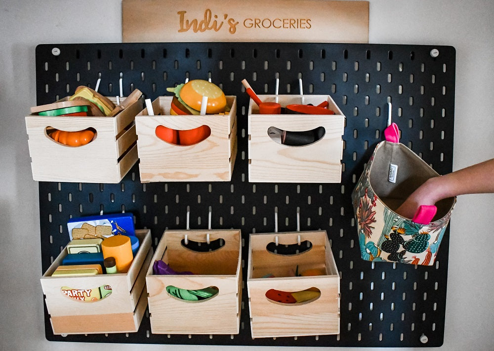 pegboard wall organiser with medium fabric cactus storage basket by MIMI Handmade Baskets, Australia, in kids kitchen set 