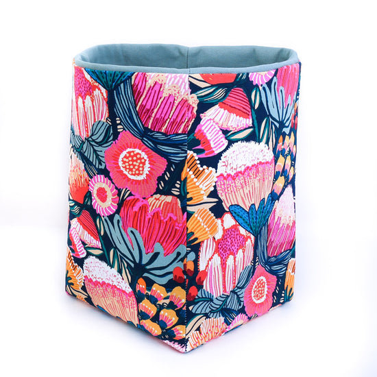 pink-protea-blossom-fabric-reversible-storage-basket hand made by MIMI Handmade Australia