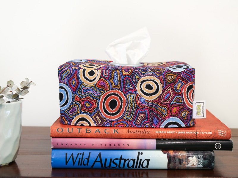 Load image into Gallery viewer, purple-blue-circles-aboriginal-art-print-rectangular-tissue-box-cover-book-stack-display
