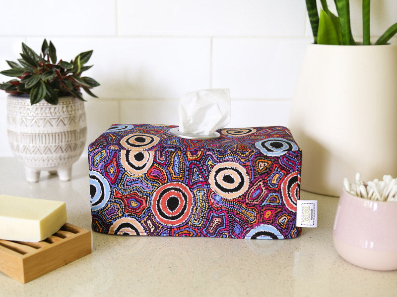 Load image into Gallery viewer,    purple-blue-tissue-box-cover-aboriginal-art-print-bathroom-decor
