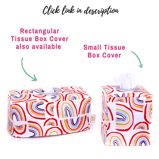 rectangular and square happy rainbow fabric tissue box covers to hide boring tissues handmade in Australia by MIMI-Handmade
