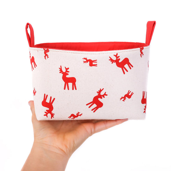 red-and-beige-Rudolph-the-reindeer-medium-Christmas-fabric-decorative-storage-basket-bag-by-MIMI-Handmade-Xmas-table-decor