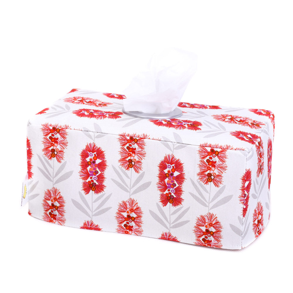tissue box cover white featuring red banksia flowers
