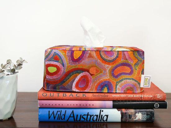 red-orange-circles-aboriginal-art-print-rectangular-tissue-box-cover-book-stack-display