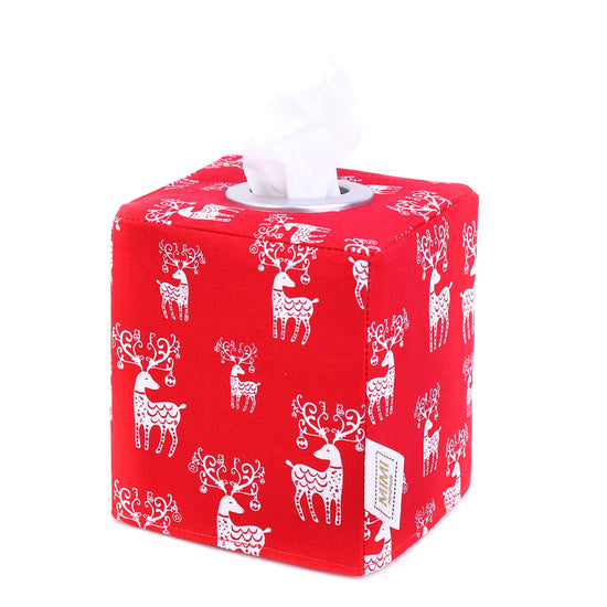 Load image into Gallery viewer, red-square-scandinavian-deer-fabric-tissue-box-cover-holder-by-MIMI-Handmade-Christmas-in-July-home-decor
