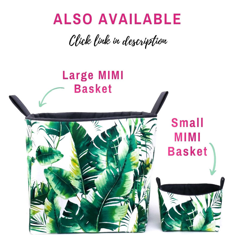 set-of-two-tropical-decorative-storage-baskets-one-large-green-monstera-and-banana-leaf-cube-storage-basket-for-KALLAX-shelves-next-to-one-mini-monstera-fabric-pattern-organiser-handmade-in-Australia-by-MIMI-Handmade
