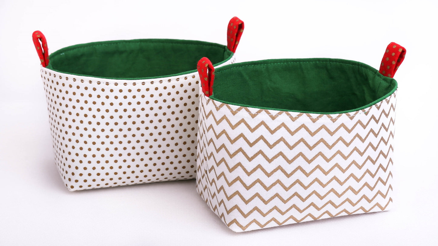 Load image into Gallery viewer, set of 2 gold chevron with green lining mini fabric decorative Christmas baskets with red tabs, base for gift hampers, Xmas table decorations, hand made in Australia by MIMI Handmade
