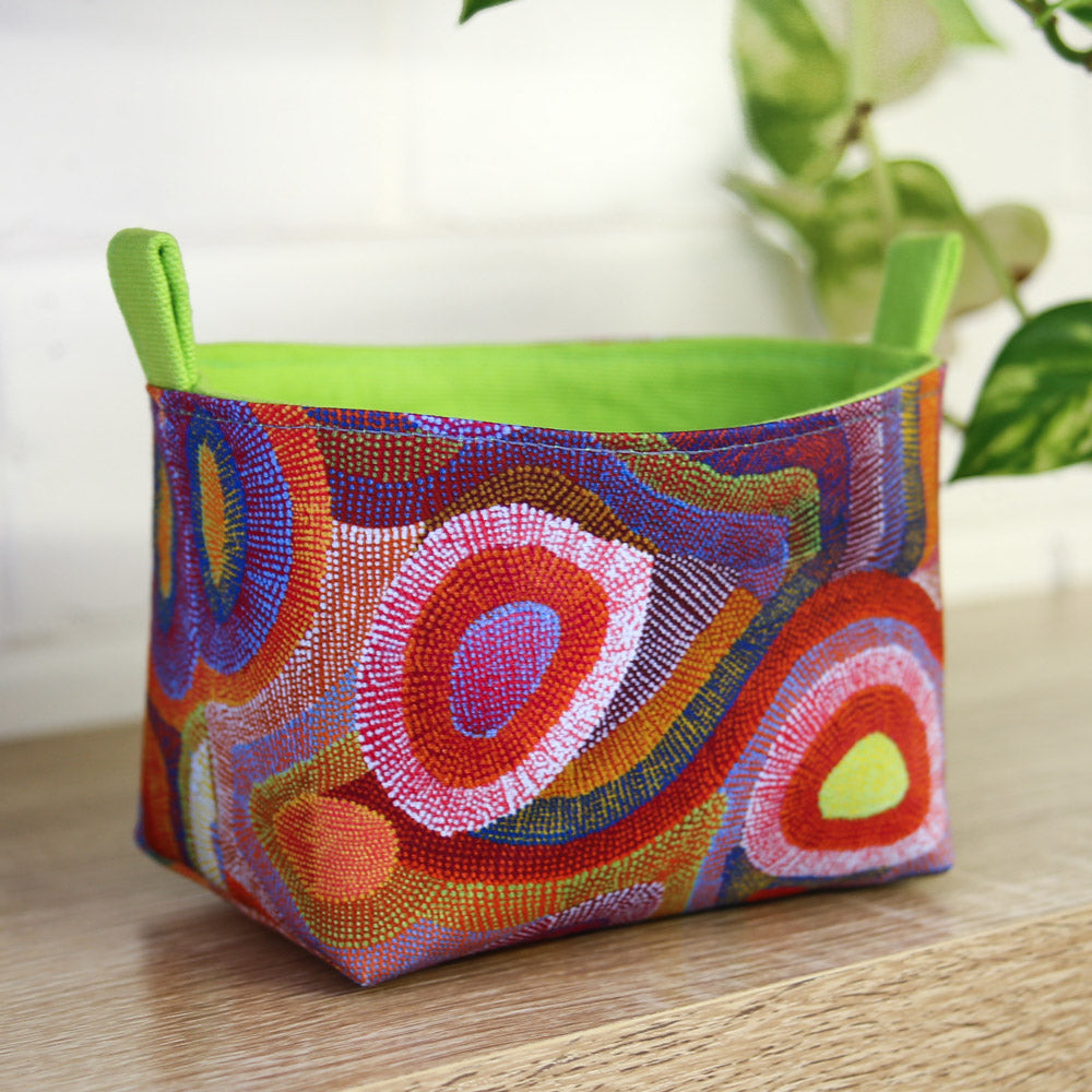 Load image into Gallery viewer, small-fabric-basket-featuring-original-aboriginal-artwork-green-homewares
