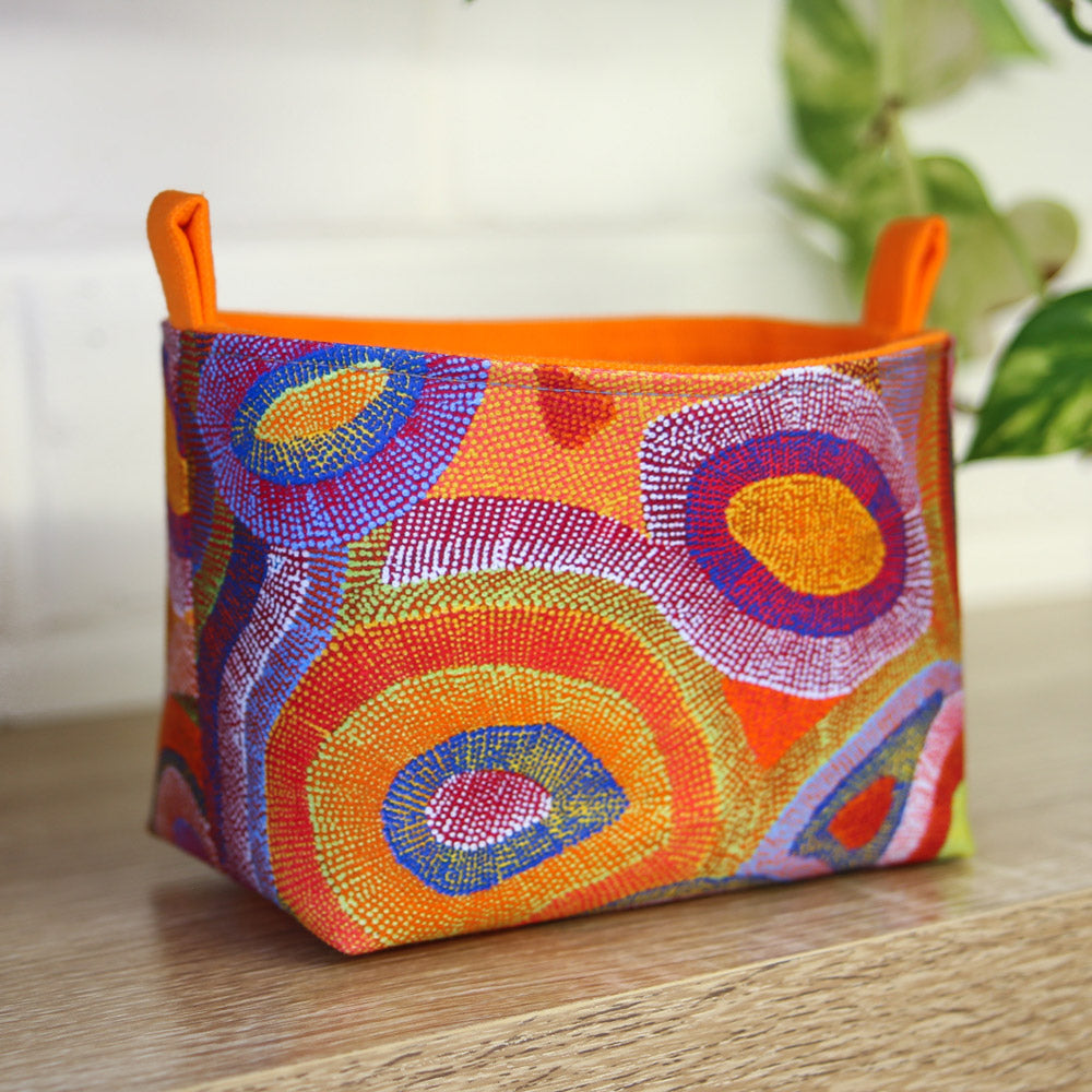 Load image into Gallery viewer, small-fabric-basket-featuring-original-aboriginal-artwork-orange-homewares
