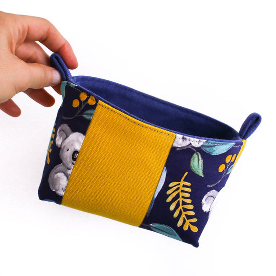 Load image into Gallery viewer, small-storage-basket-mustard-navy-blue-upcycled
