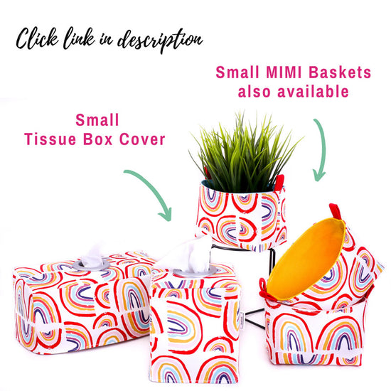 three-rainbow-fabric-storage-baskets-for-kids-next-to-square-and-rectangular-rainbow-tissue-box-covers-handmade-in-Australia-by-MIMI-Handmade