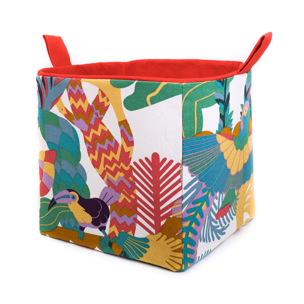 tropical-jungle-cube-storage-basket-with-handles-featuring-toucan-fabric-pattern-with-red-lining-by-MIMI-Handmade