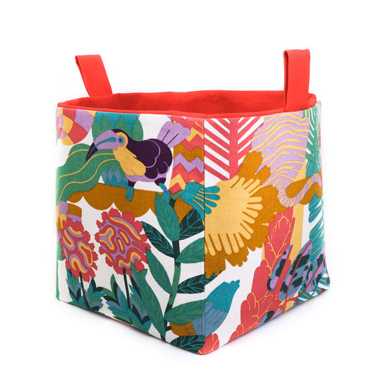 tropical-jungle-cube-storage-basket-with-handles-featuring-toucan-fabric-pattern-with-red-lining-hand-made-by-MIMI-Handmade