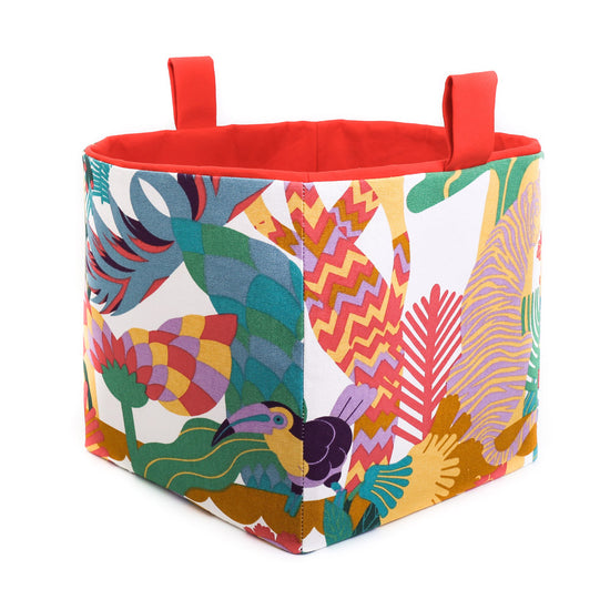 Load image into Gallery viewer, tropical-jungle-cube-storage-basket-with-handles-featuring-toucan-fabric-pattern-with-red-lining-handmade-by-MIMI-Handmade
