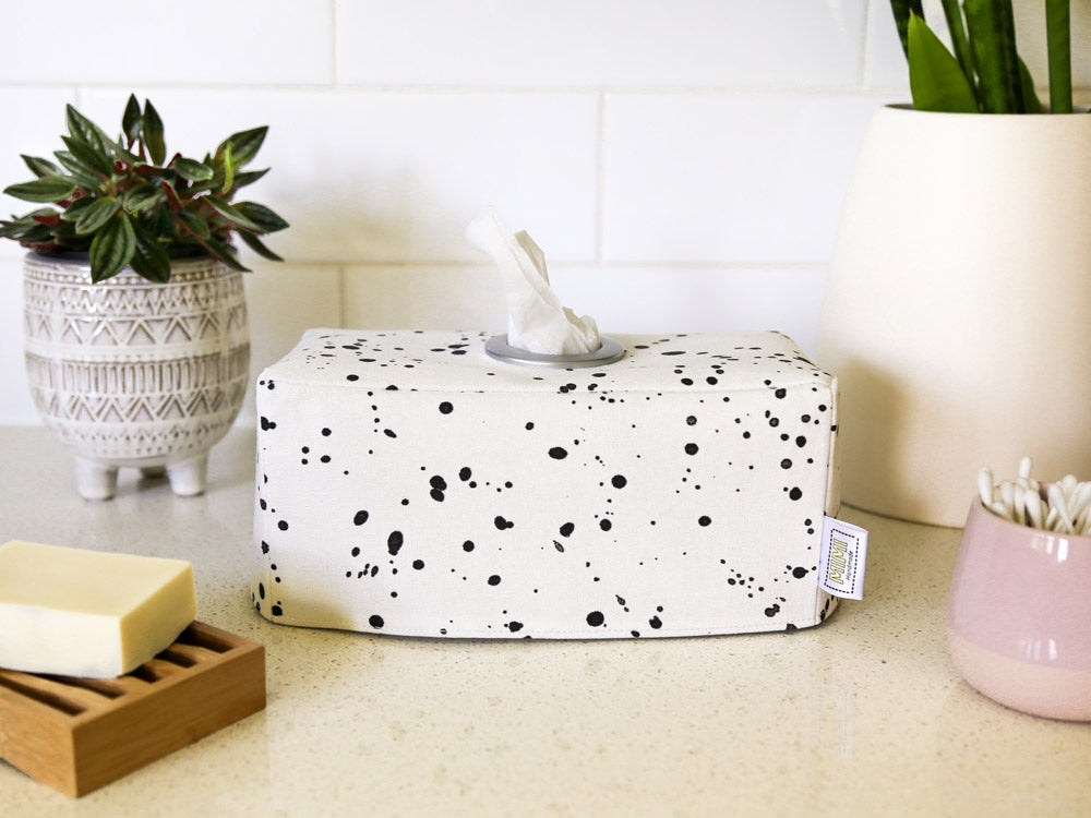 Load image into Gallery viewer, white-and-black-dots-rectangular-tissue-box-cover-monochrome-bathroom-decor
