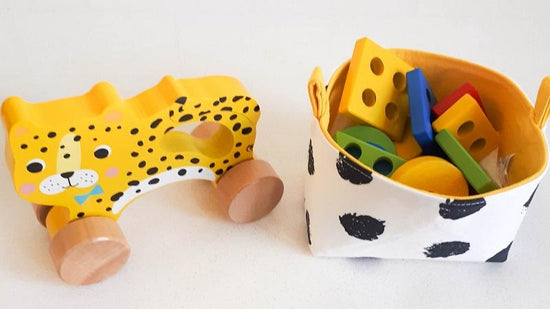 wooden toy yellow cheetah for kids with assorted storage basket by MIMI Handmade Baskets | handcrafted in Australia