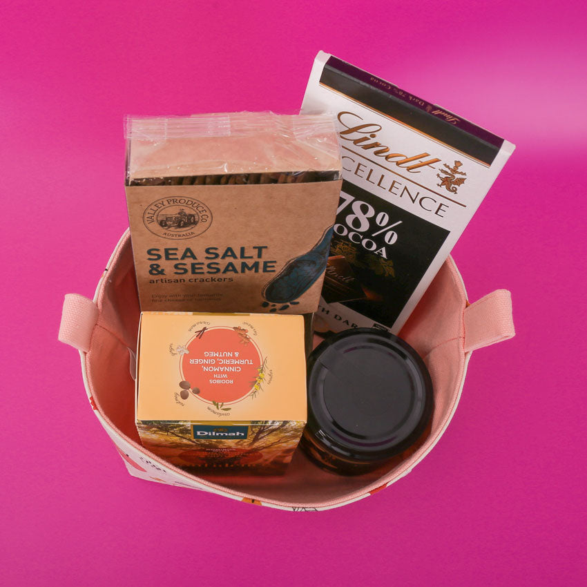 Load image into Gallery viewer, yummy-gift-basket-idea-with-tea-crackers-jam-chocolate-MIMI-Handmade-Baskets
